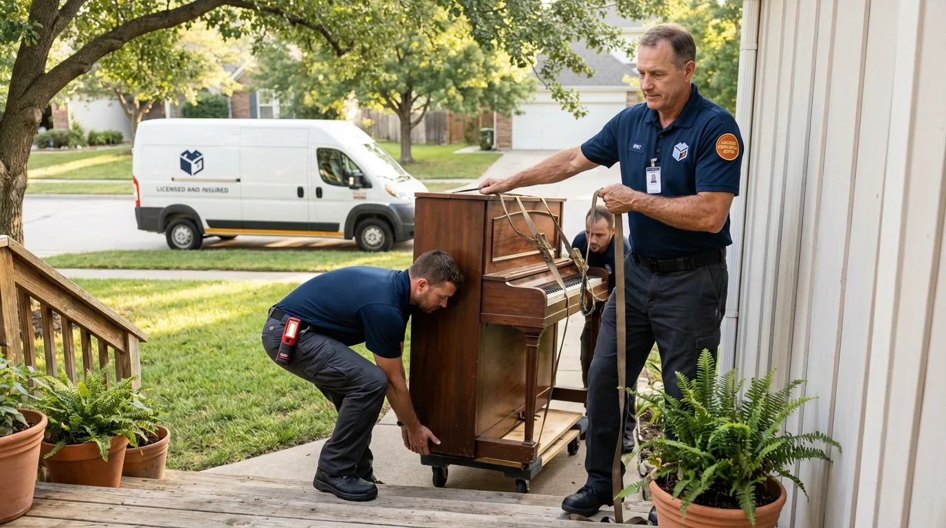 Licensed piano movers securing grand piano in Elmore, AL