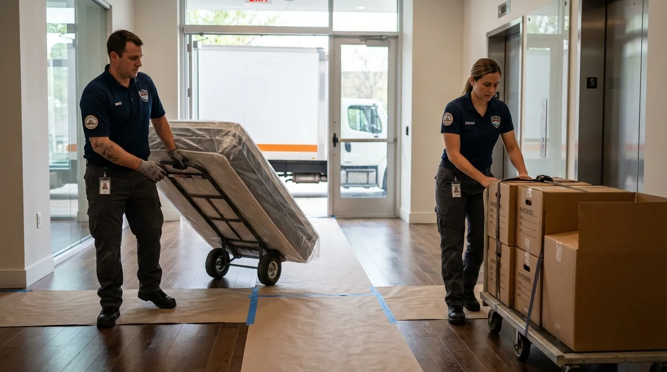 Professional apartment movers loading elevator in Elmore, AL